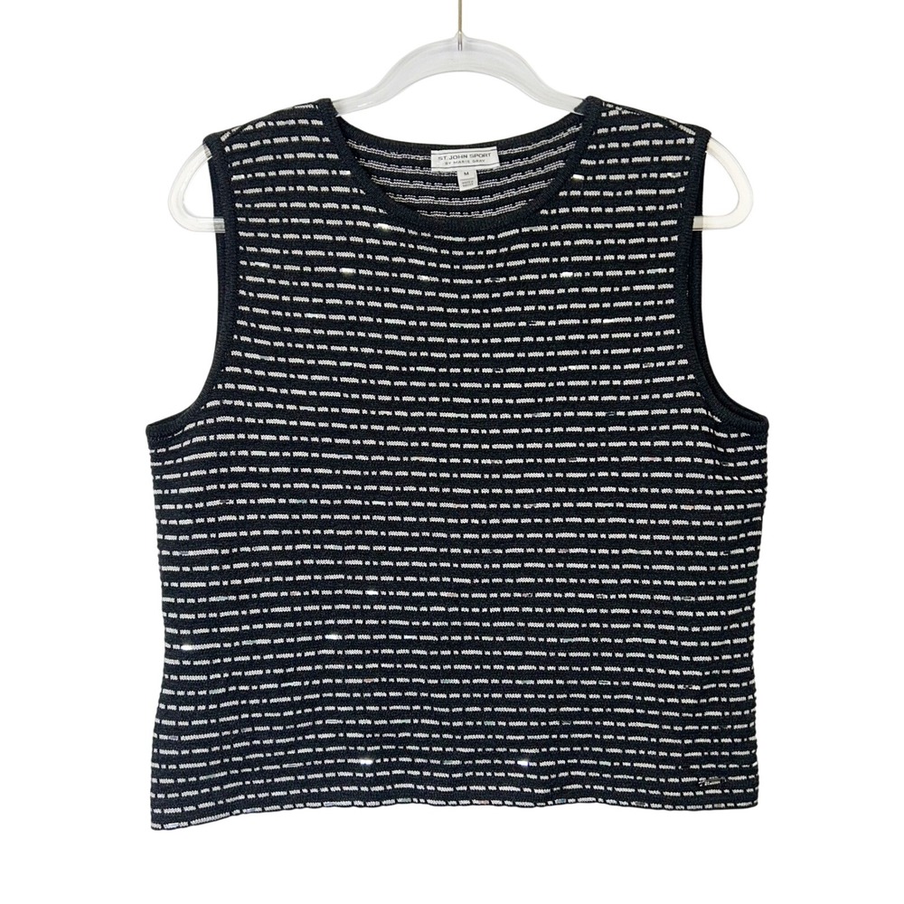 St John Sport Santana Knit Sleeveless Sweater Top Women's Size Medium Black‎ Y2K